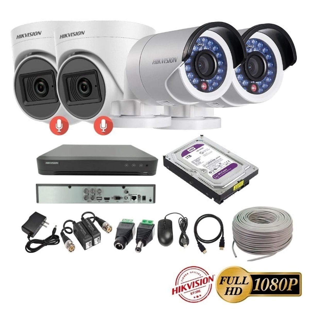 HIKVISION - kit 4 Cámaras Seguridad FULLHD Hikvision + 1TB + AUDIO + Cable
