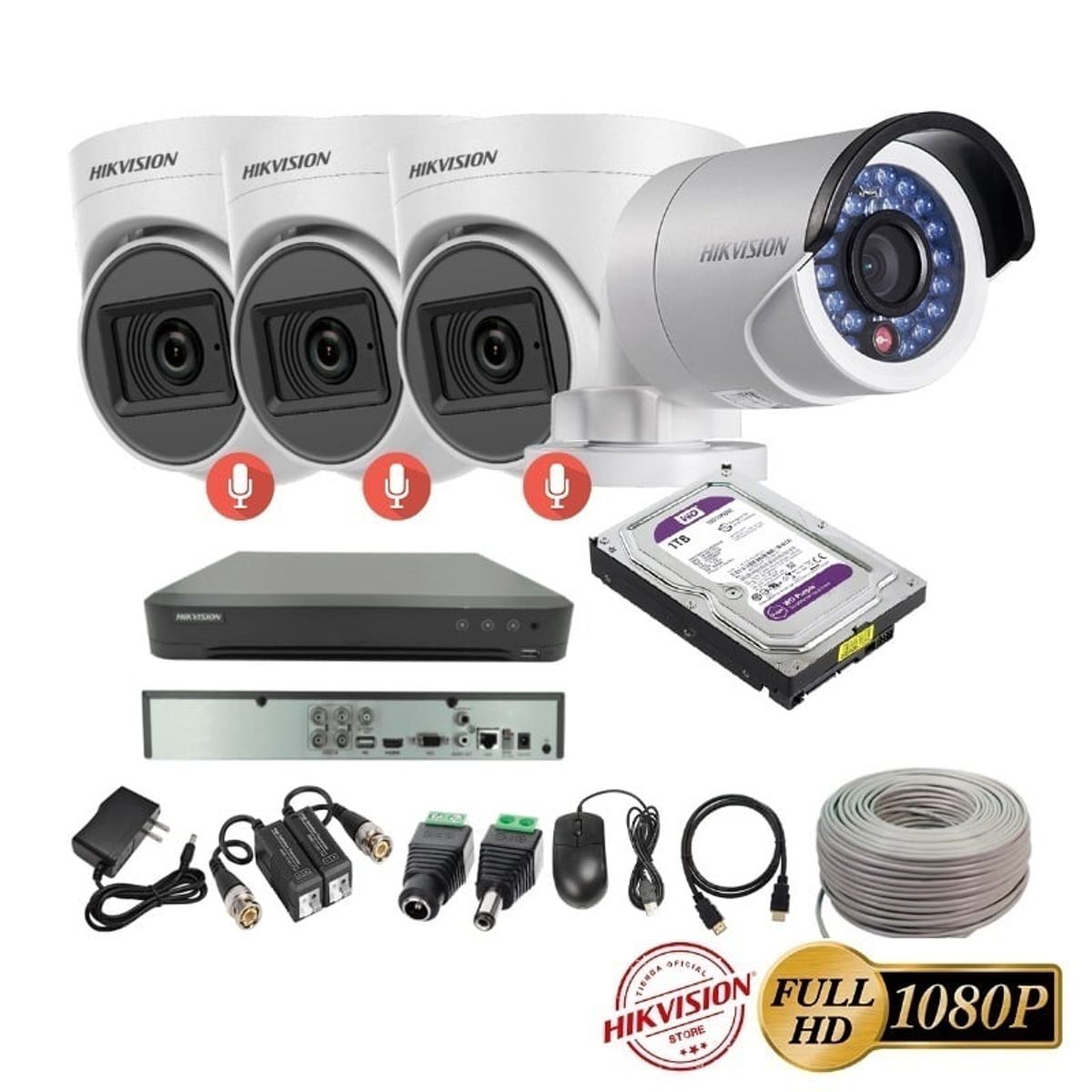 HIKVISION - kit 4 Cámaras Seguridad FULLHD Hikvision + 1TB + AUDIO + Cable