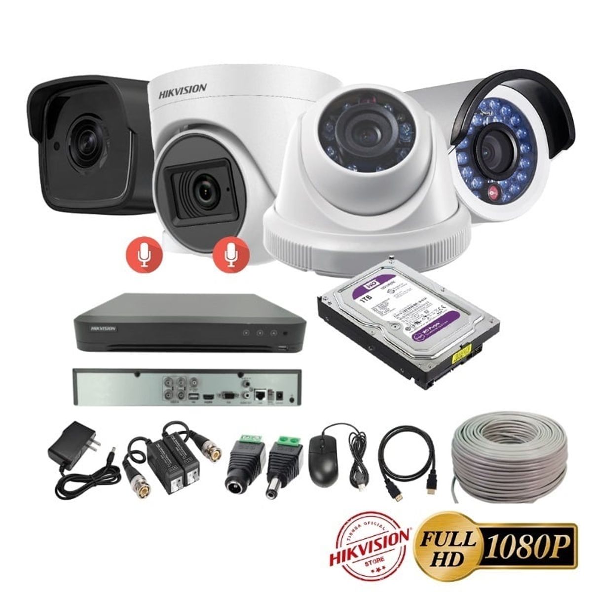 HIKVISION - kit 4 Cámaras Seguridad FULLHD Hikvision + 1TB + AUDIO + Cable