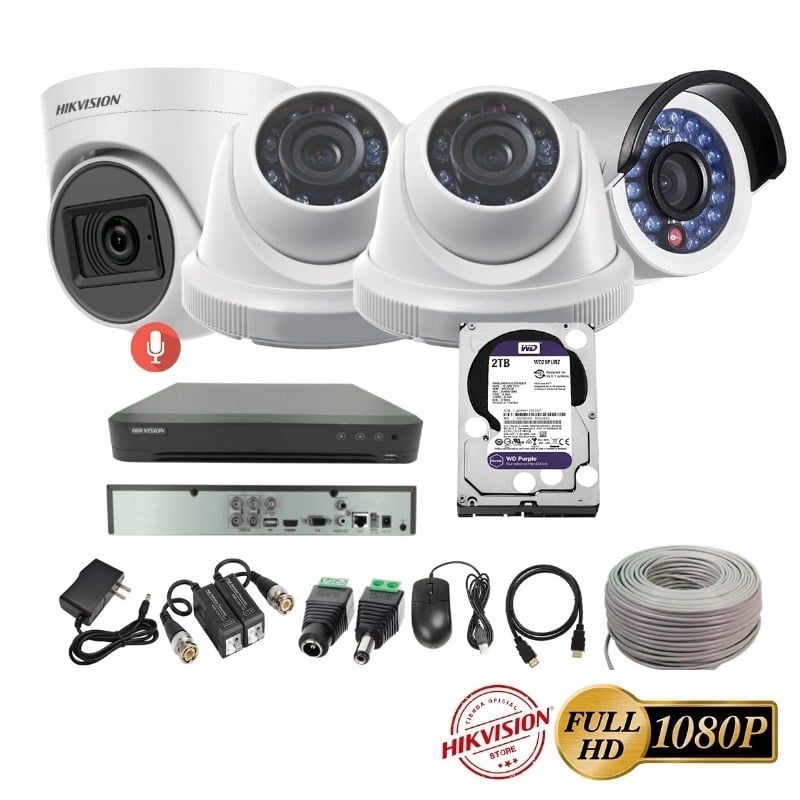 HIKVISION - kit 4 Cámaras Seguridad FULLHD Hikvision + 2TB + AUDIO + Cable