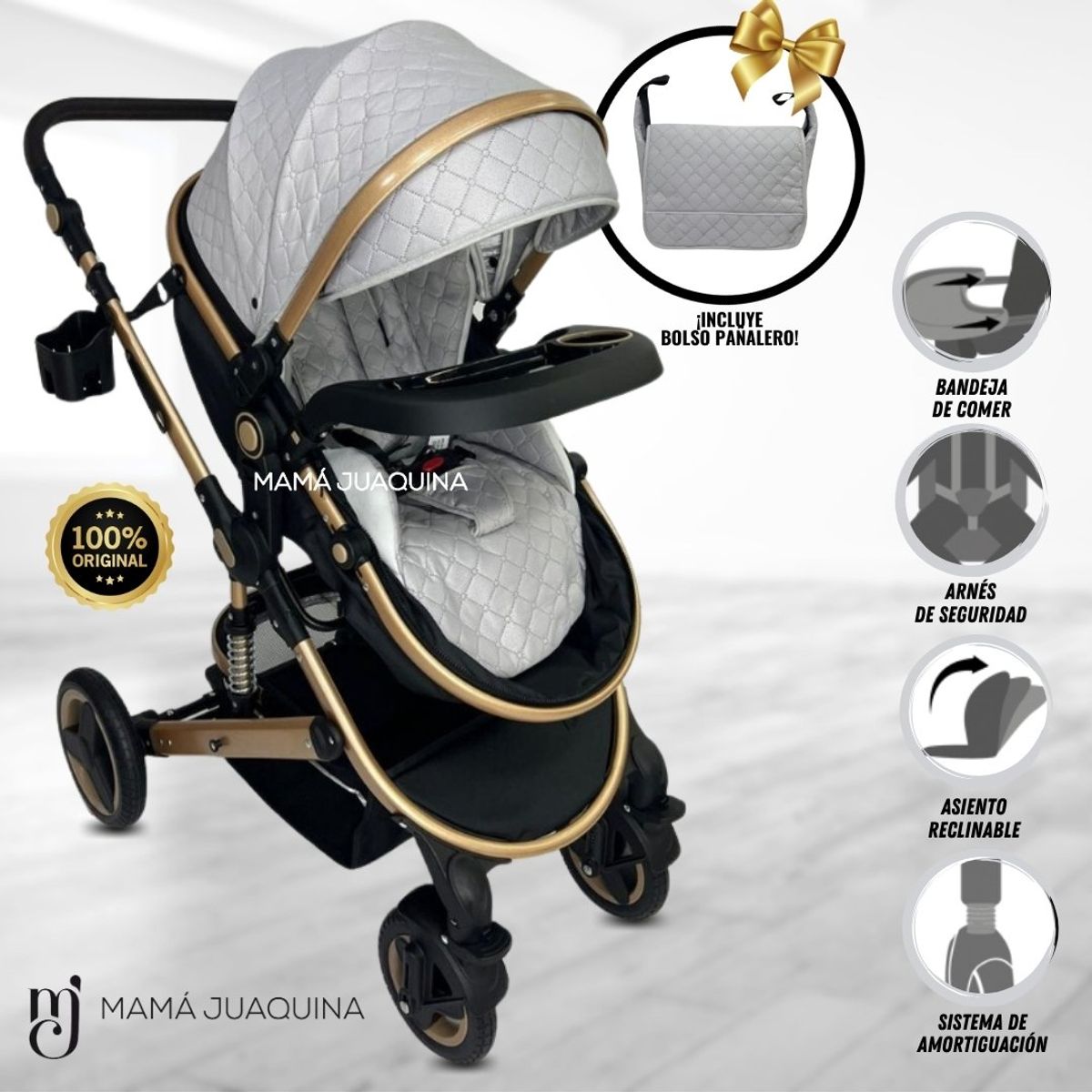 BABY - Coche Moisés de Lujo «LUMIERE» con Bolso Pañalero Gray