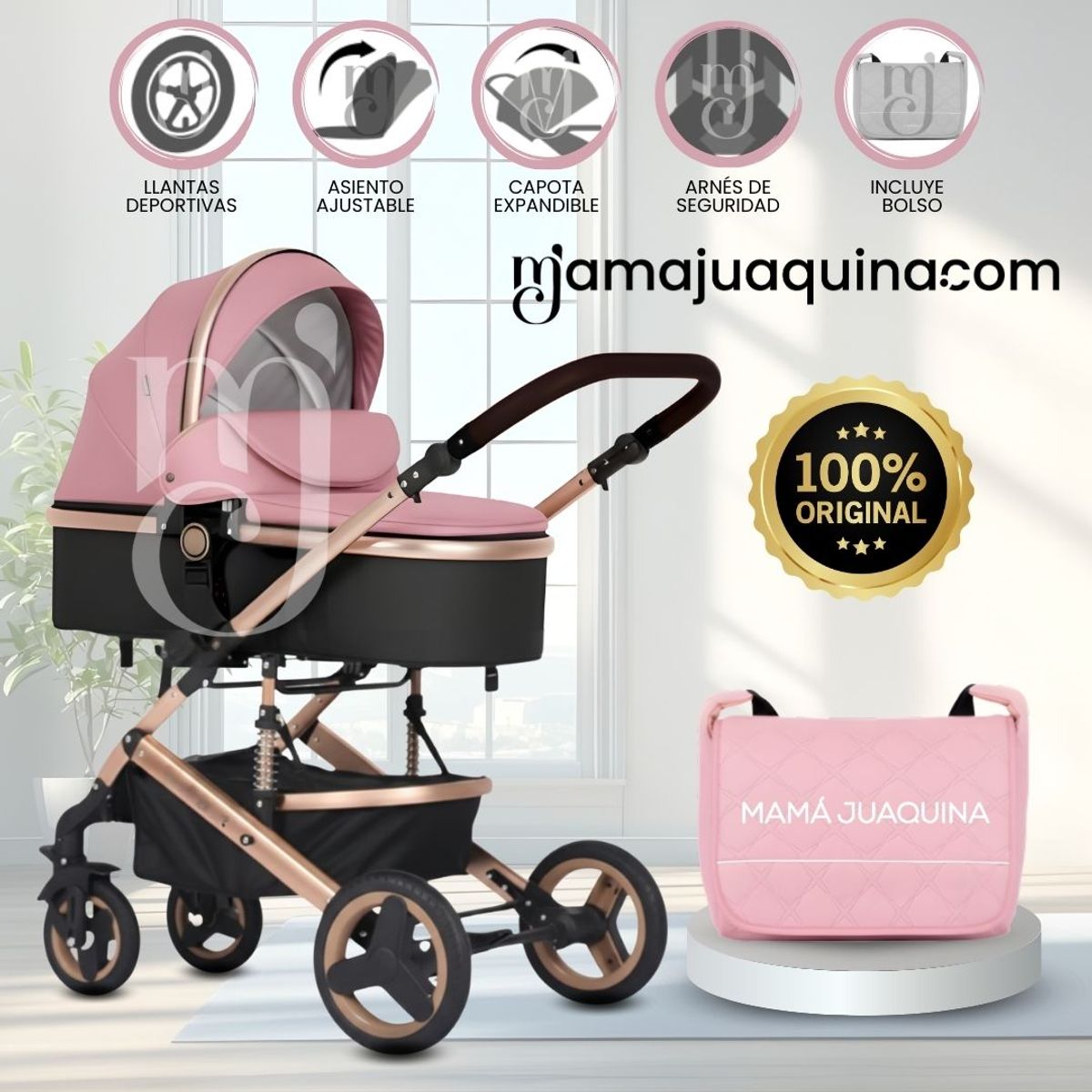 BABY - Coche Moisés Travel System de Lujo «LUMIERE» con Bolso Pañalero Pink