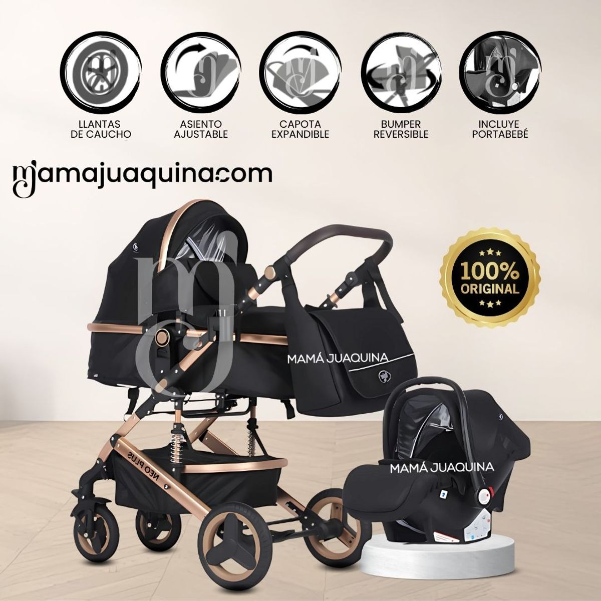 BABY - Coche Moisés Travel System «GRAND LUMIERE» Porta Bebé Black