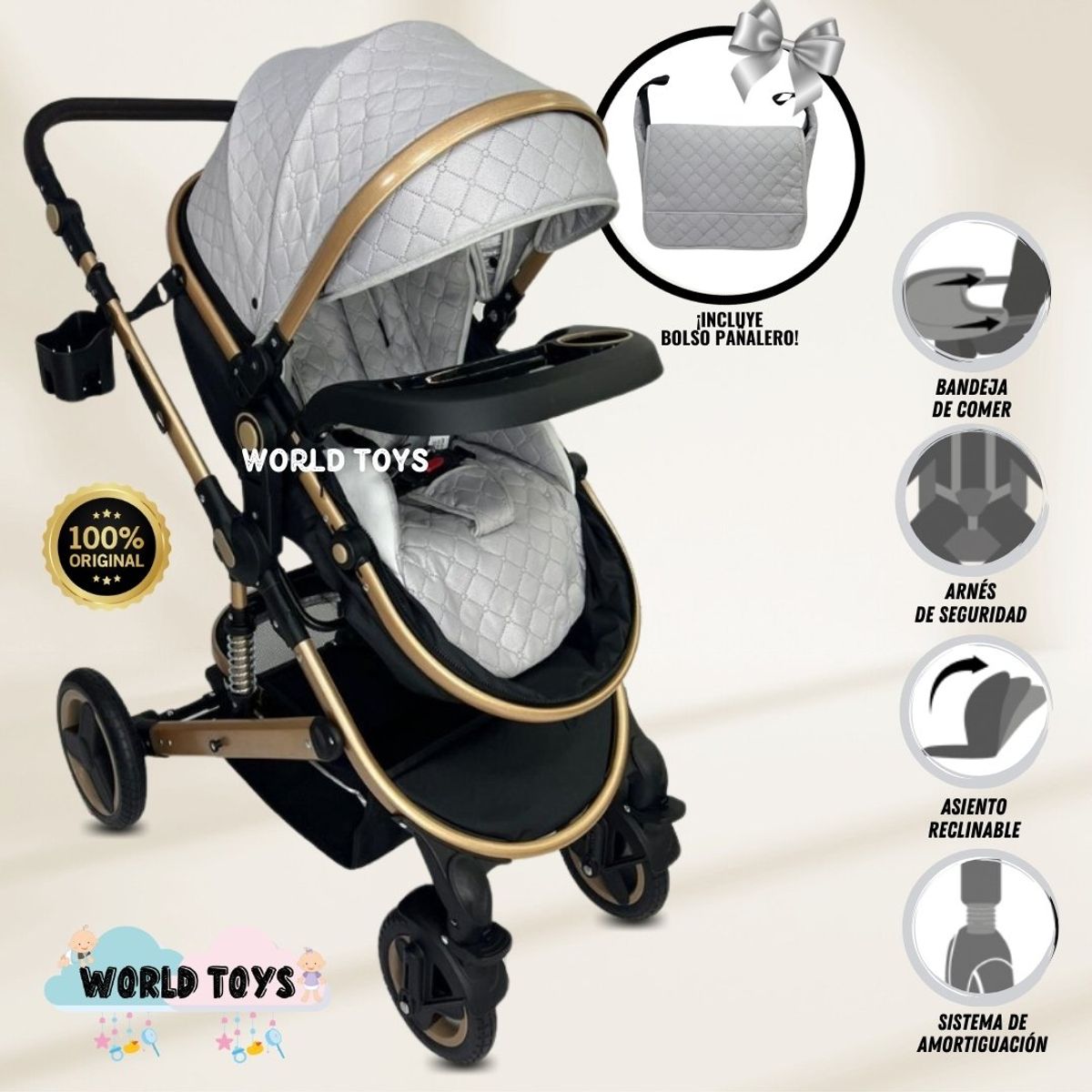 BABY - Coche Moisés de Lujo «LUMIERE» con Bolso Pañalero Gray