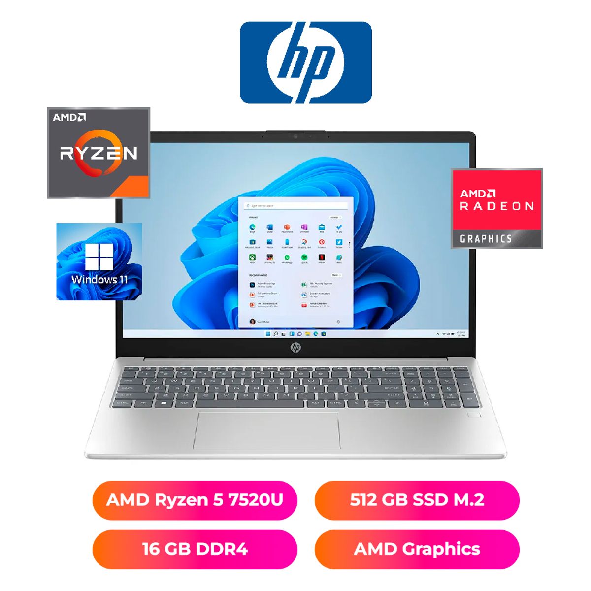 HP - LAPTOP HP 15.6" FHD, AMD RYZEN 5 7520U, 16GB RAM, 512GB SSD - NOTEBOOK