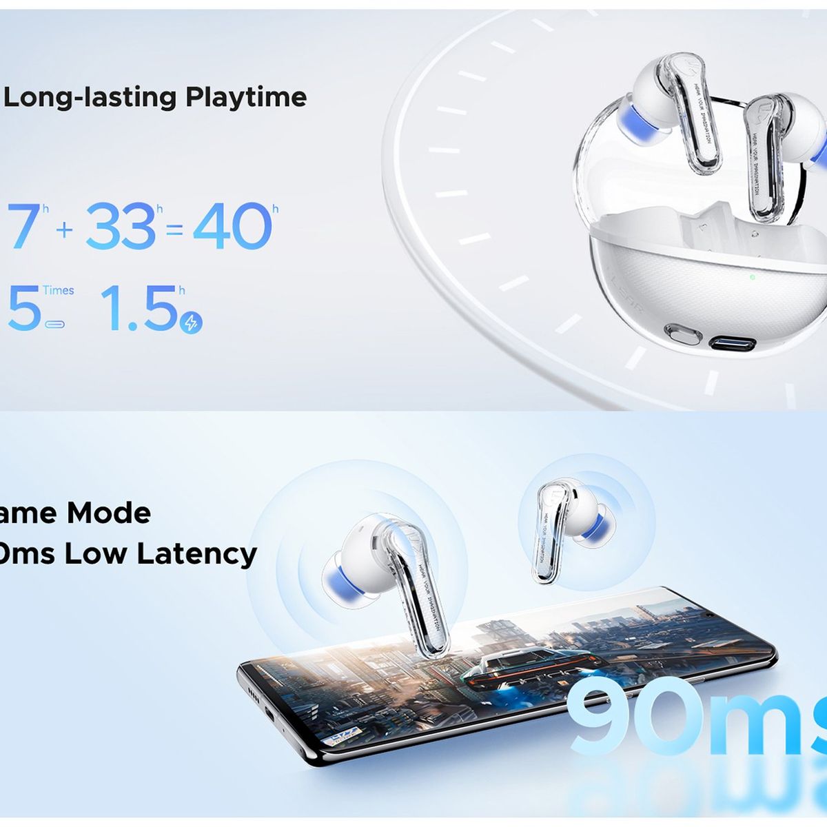 SOUNDPEATS - SoundPeats Audifonos Bluetooth 5.3 Gaming 40H IPX4 Clear