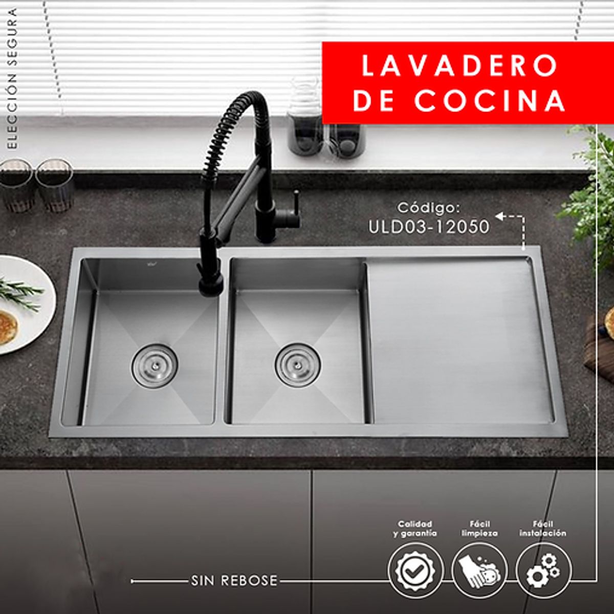 XM - LAVADERO DE COCINA 2POZAS CON ESCURRIDERO ACERO ULD03-12050