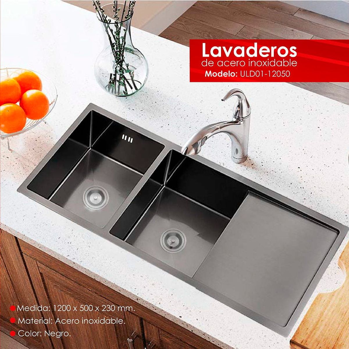 XM - LAVADERO DE COCINA 2POZAS CON ESCURRIDERO NEGRO ULD01-12050