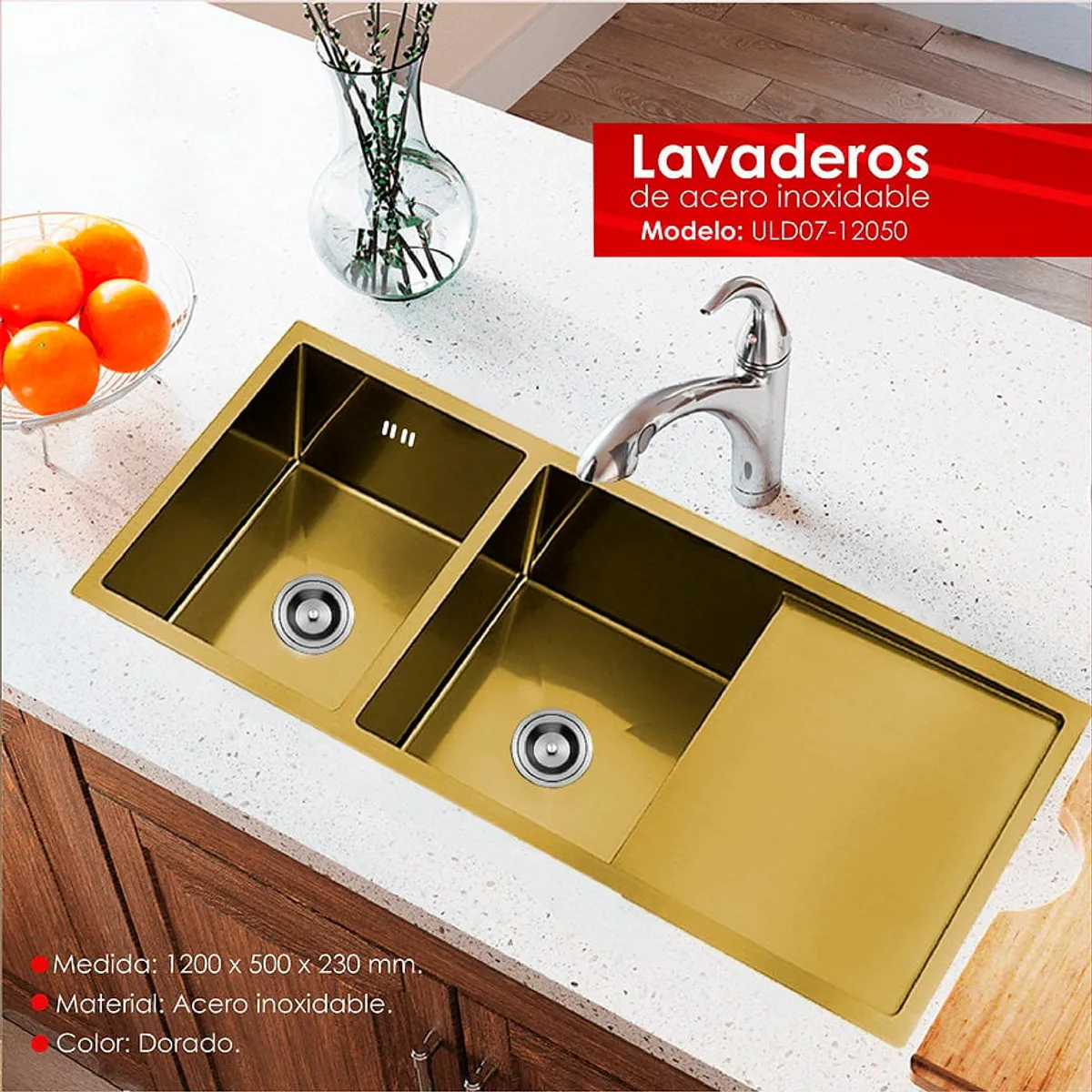XM - LAVADERO DE COCINA 2POZAS CON ESCURRIDERO DORADO ULD07-12050