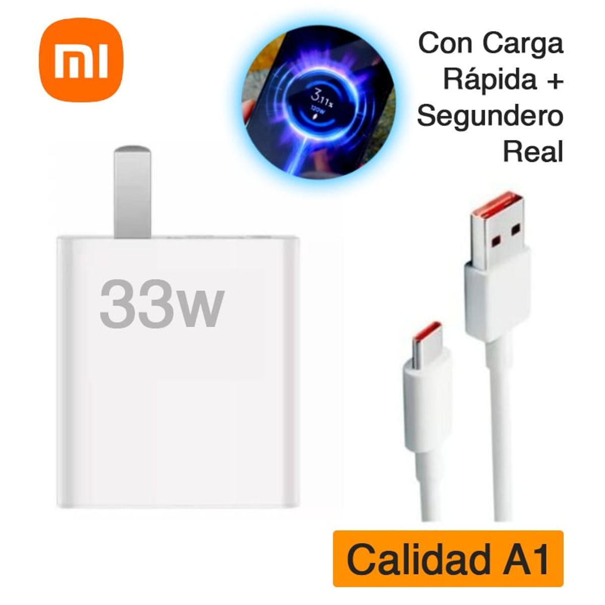 GENERICO - Cargador para Xiaomi con Carga Rápida y Segundero 33W Cable Tipo Redmi
