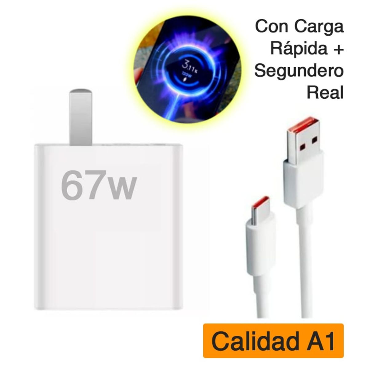 GENERICO - Cargador para Xiaomi 67W con Carga Rápida y Segundero Cable Tipo Redmi