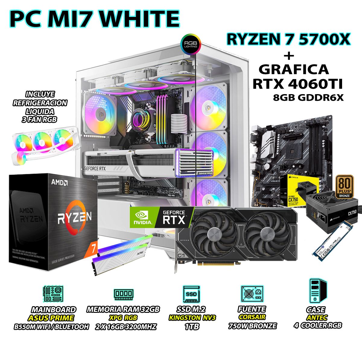 AMD - Computadora PC Gamer RYZEN 7 5700X RAM 32GB SSD 1TB GRAFICA ASUS RTX 4060TI 8GB