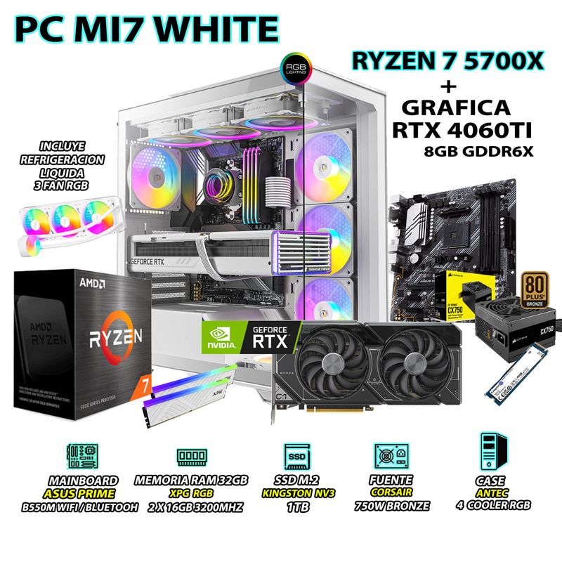 AMD - Computadora PC Gamer RYZEN 7 5700X RAM 32GB SSD 1TB GRAFICA ASUS RTX 4060TI 8GB