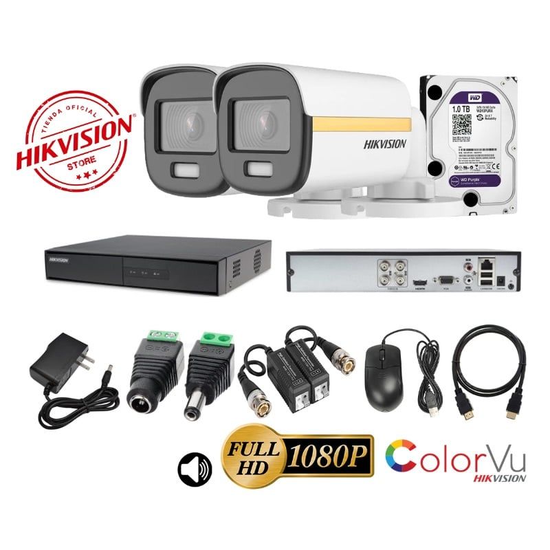 HIKVISION - kit 2 Cámaras Seguridad Tubo FULLHD Color VU con AUDIO Hikvision + 1TB