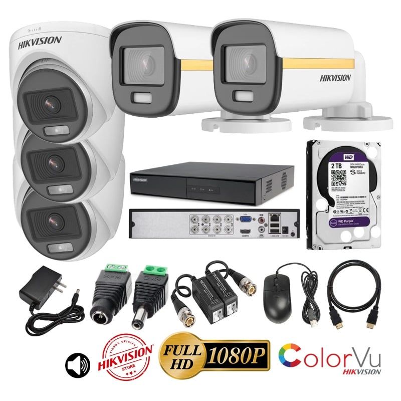 HIKVISION - kit 5 Cámaras Seguridad FULLHD Color VU con AUDIO Hikvision + 2TB