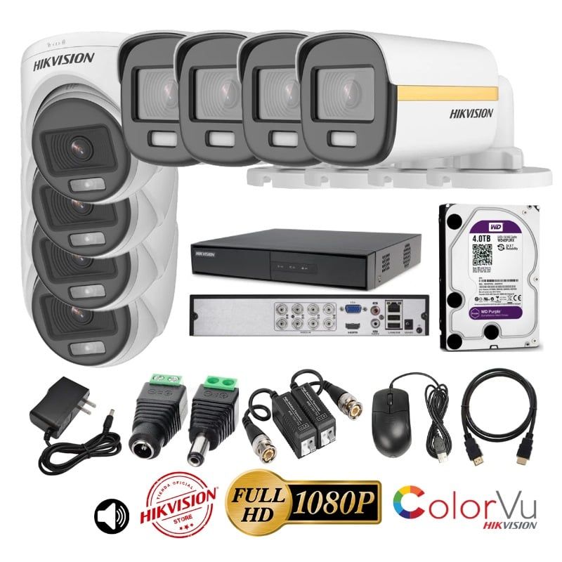 HIKVISION - kit 8 Cámaras Seguridad FULLHD Color VU con AUDIO Hikvision + 4TB