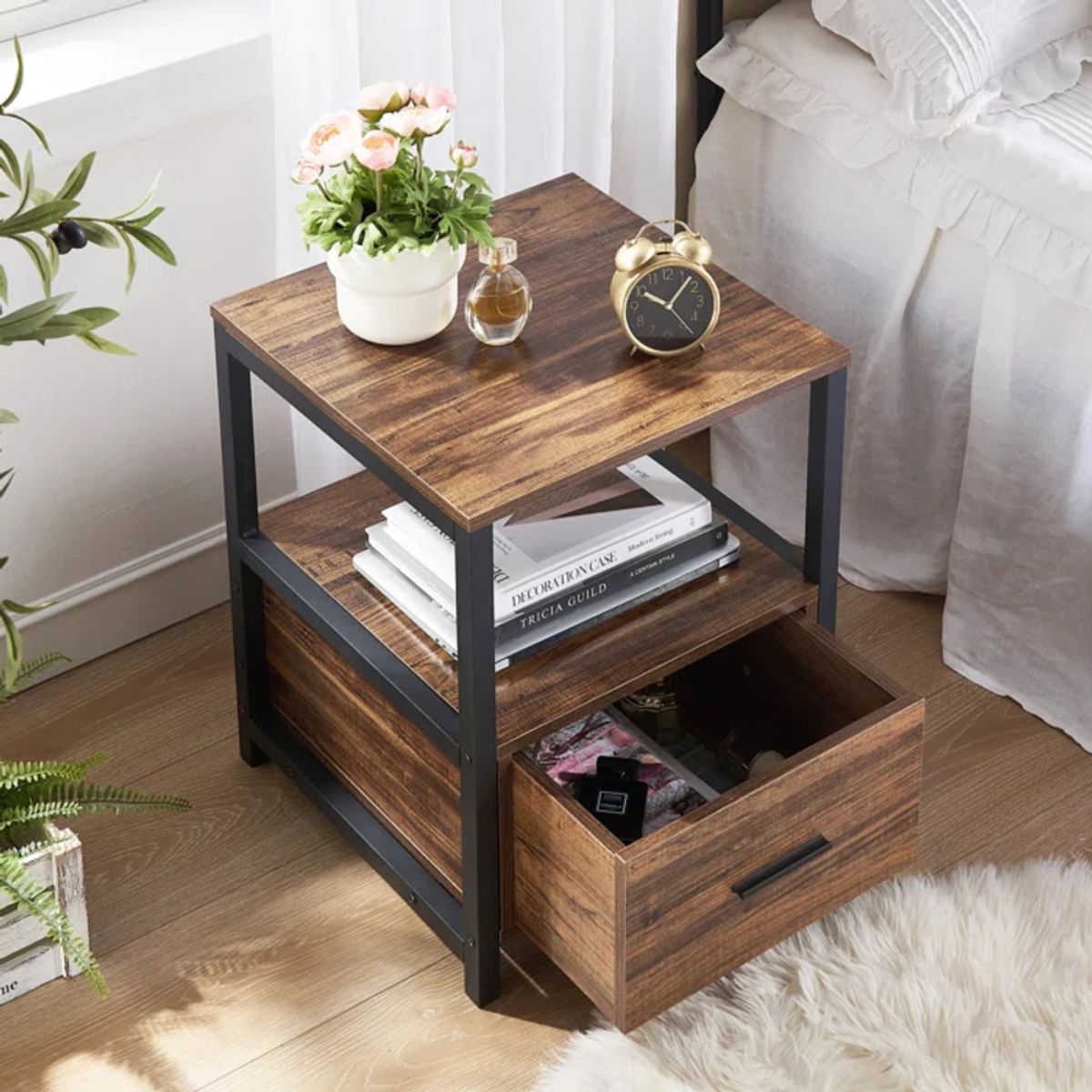 TU MESITA - Velador Industrial Lucas color MarrónNegro 1 cajón TU MESITA