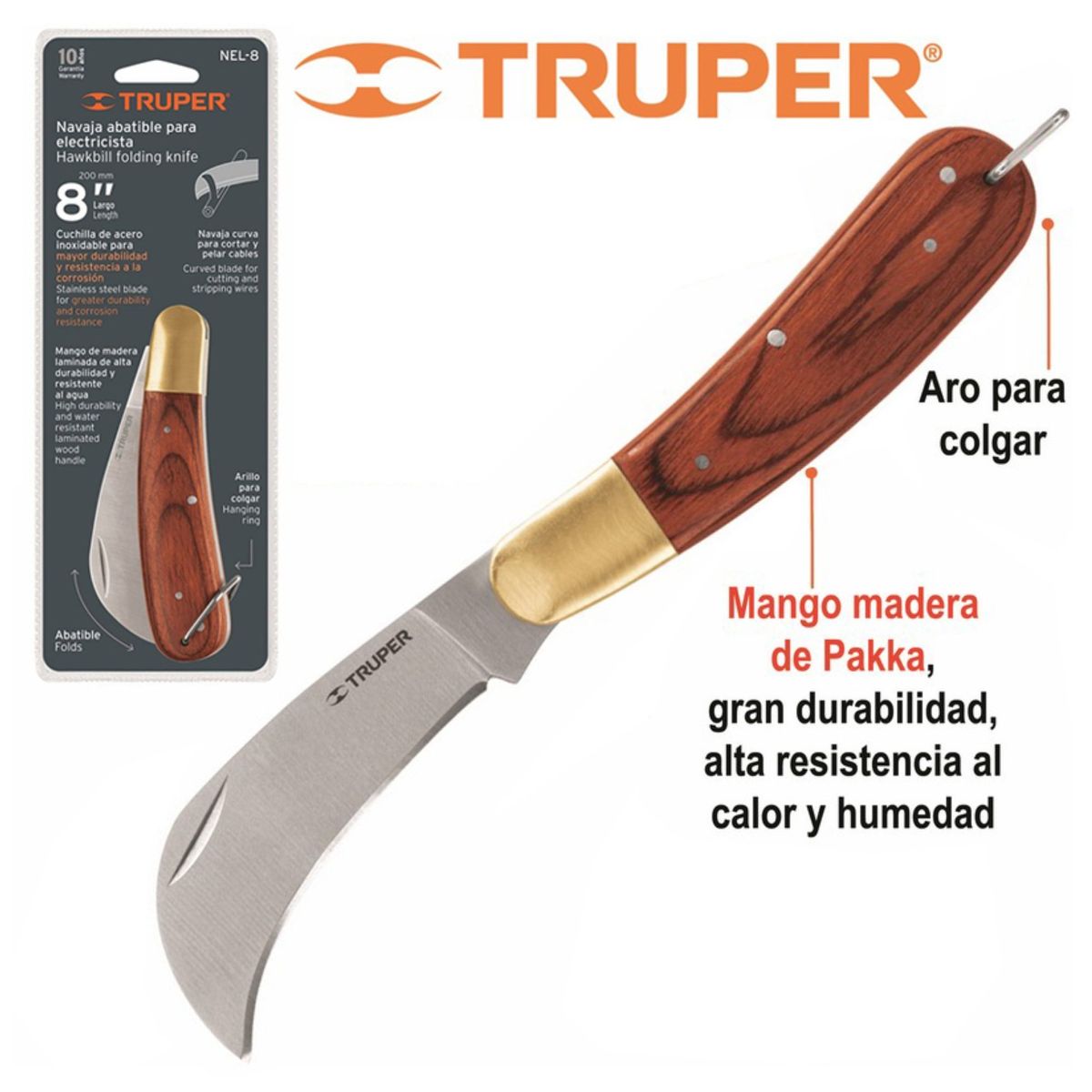 TRUPER - Cuchillo abatible para electricista mango madera uso general Truper