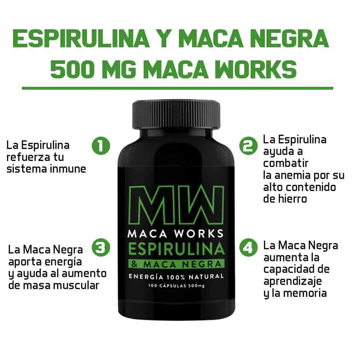 MACA WORKS - Espirulina y Maca Negra 500 mg Maca Works Pack x 3