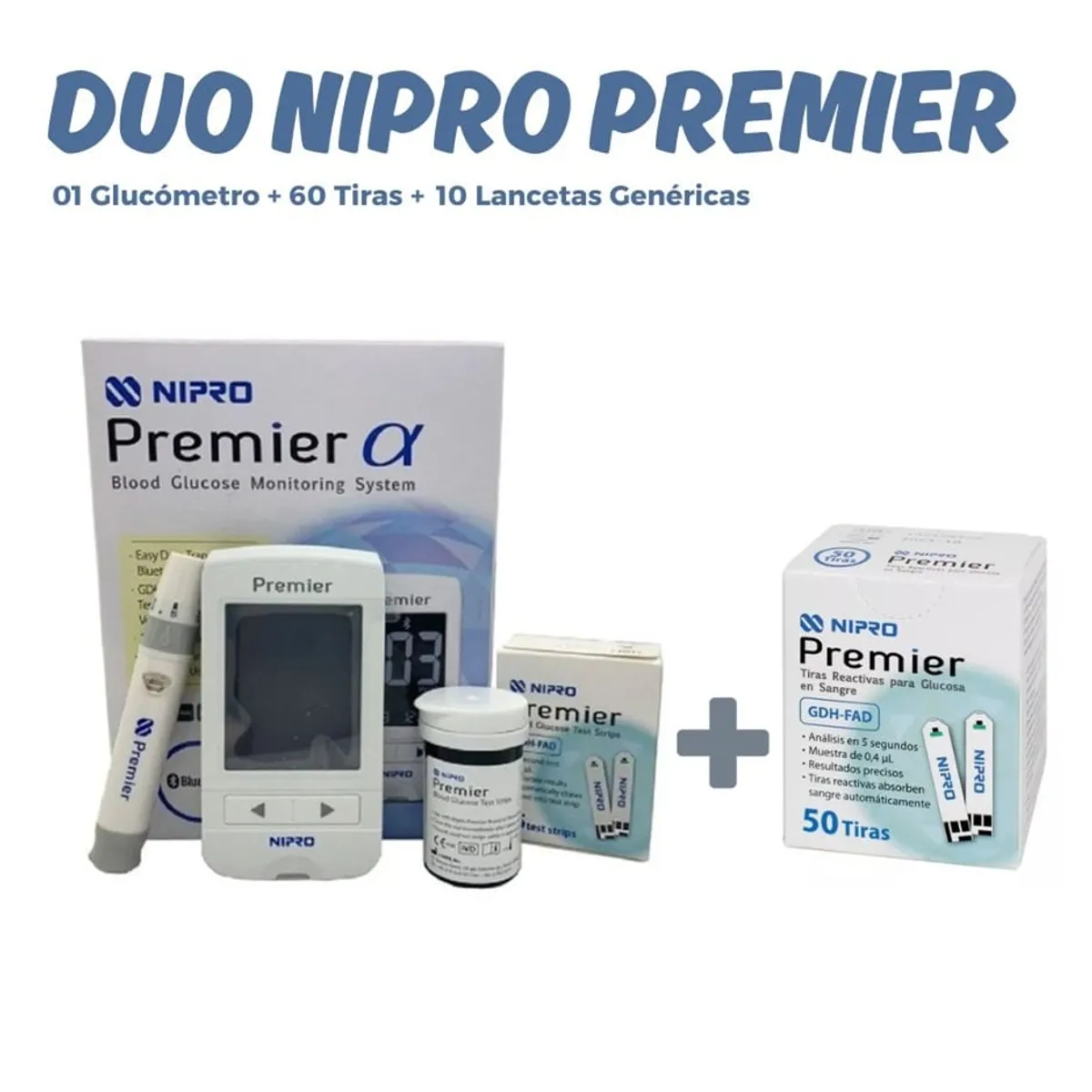 NIPRO - DUO NIPRO PREMIER: 01 Glucómetro, 60 Tiras Reactiva y 10 Lancetas