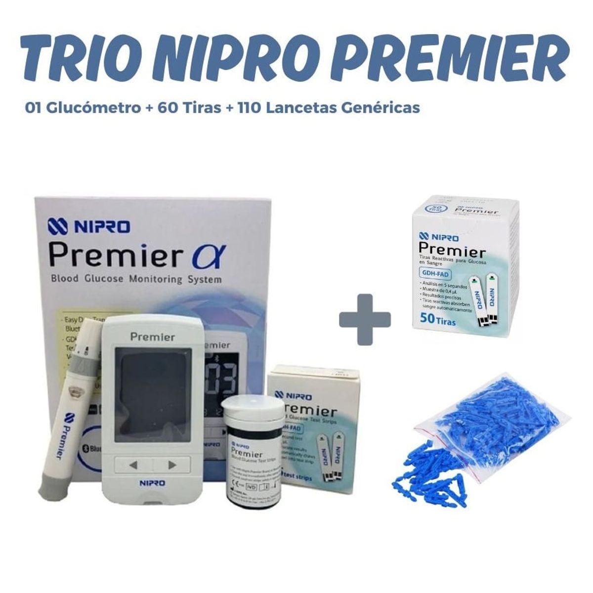 NIPRO - TRIO NIPRO PREMIER: 01 Glucómetro, 60 Tiras Reactiva y 110 Lancetas