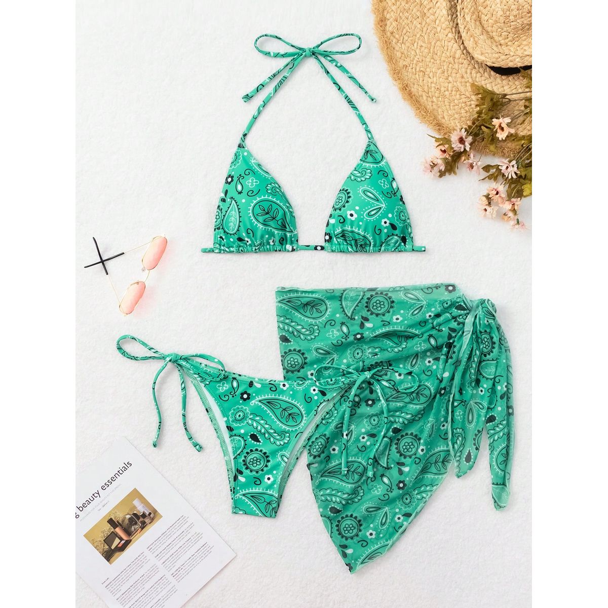 KAST PE - Bikini Nakem 3 piezas con estampado de flores - Talla M Verde Agua