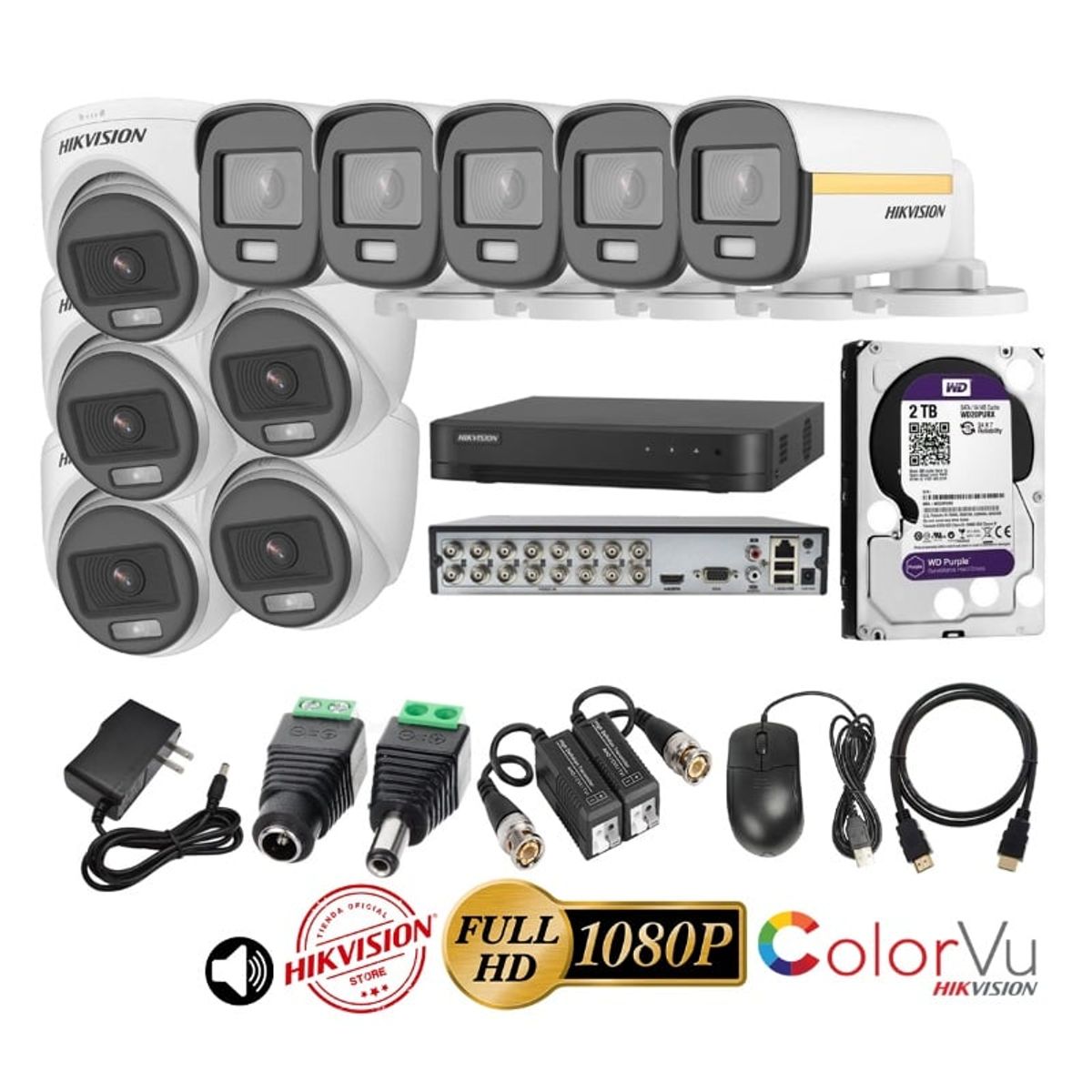 HIKVISION - kit 10 Cámaras Seguridad FULLHD Color VU con AUDIO Hikvision + 2TB