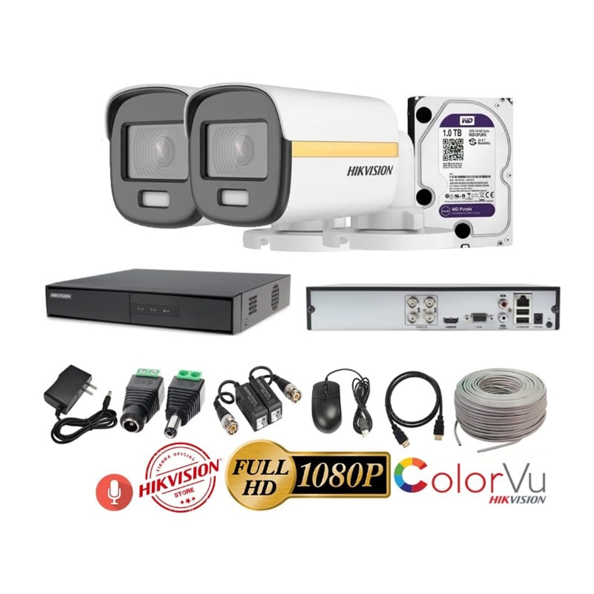 HIKVISION - kit 2 Cámaras Seguridad Tubo FULLHD Color VU con AUDIO Hikvision + 1TB + Cable