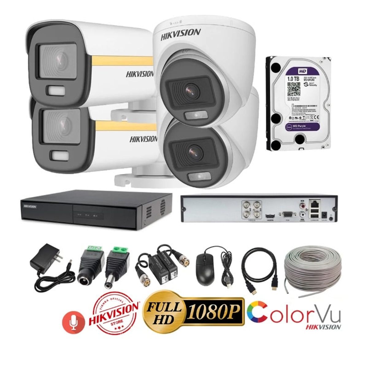 HIKVISION - kit 4 Cámaras Seguridad FULLHD Color VU con AUDIO Hikvision + 1TB + Cable