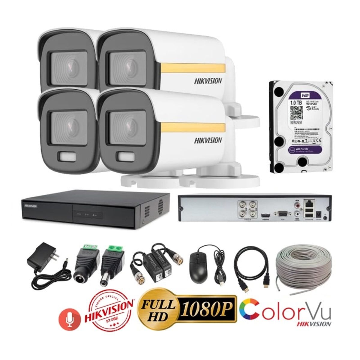 HIKVISION - kit 4 Cámaras Seguridad Tubo FULLHD Color VU con AUDIO Hikvision + 1TB + Cable