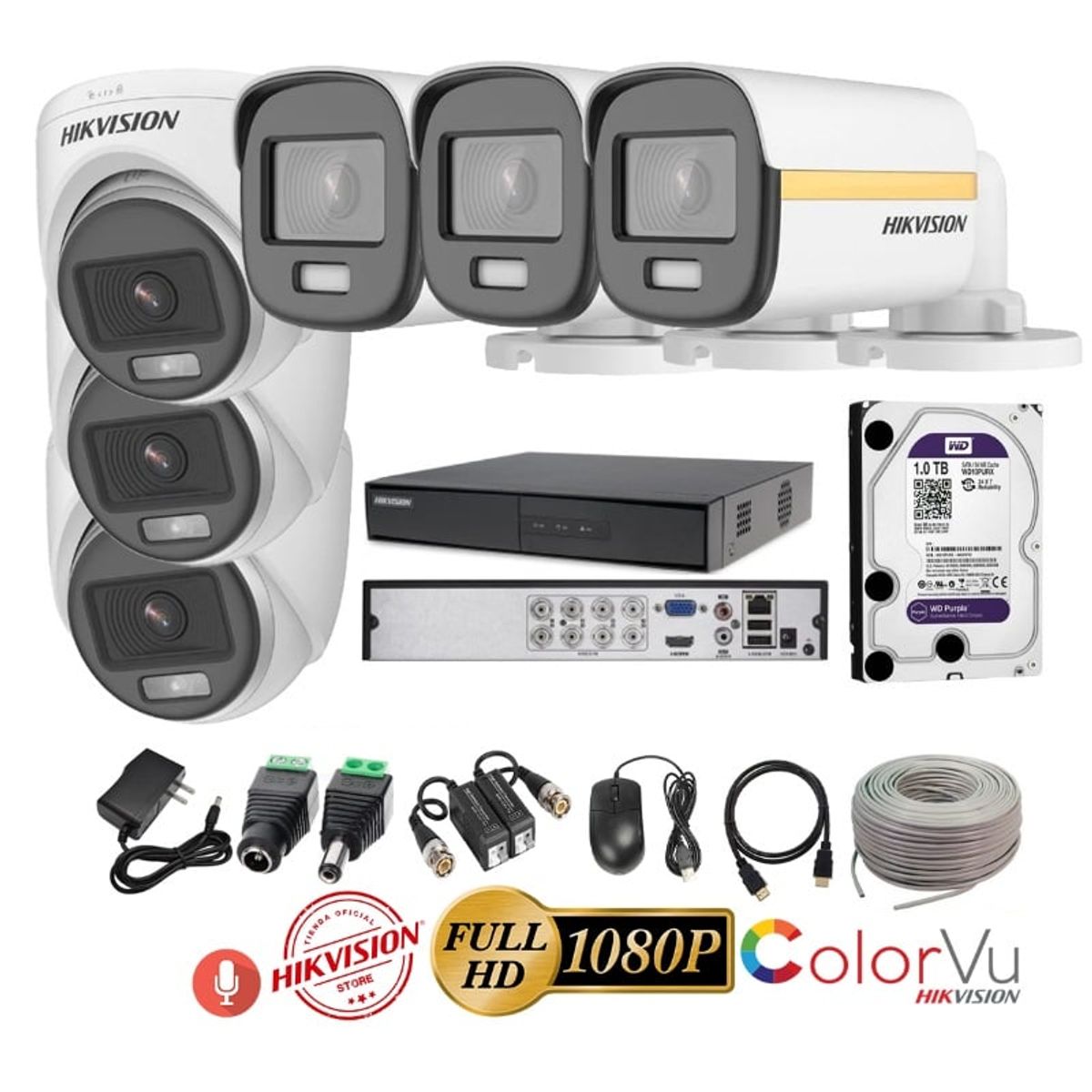 HIKVISION - kit 6 Cámaras Seguridad FULLHD Color VU con AUDIO Hikvision + 1TB + Cable