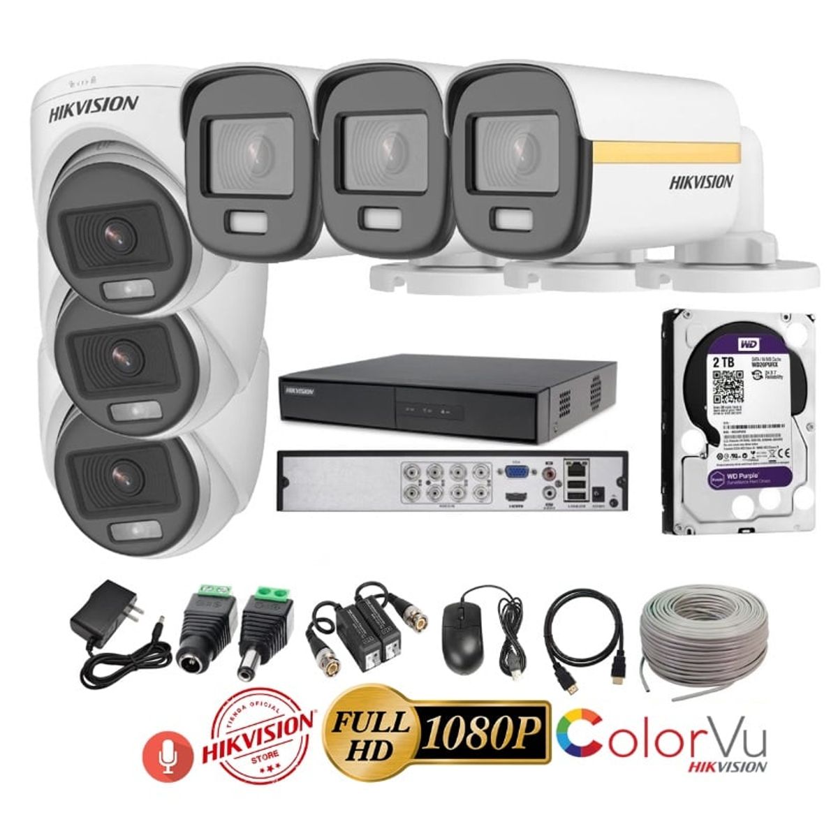 HIKVISION - kit 6 Cámaras Seguridad FULLHD Color VU con AUDIO Hikvision + 2TB + Cable