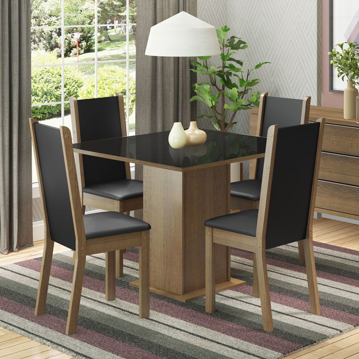 MADESA - Juego de Comedor Moscou Plus 4 Sillas - Tablero de Madera y Cristal