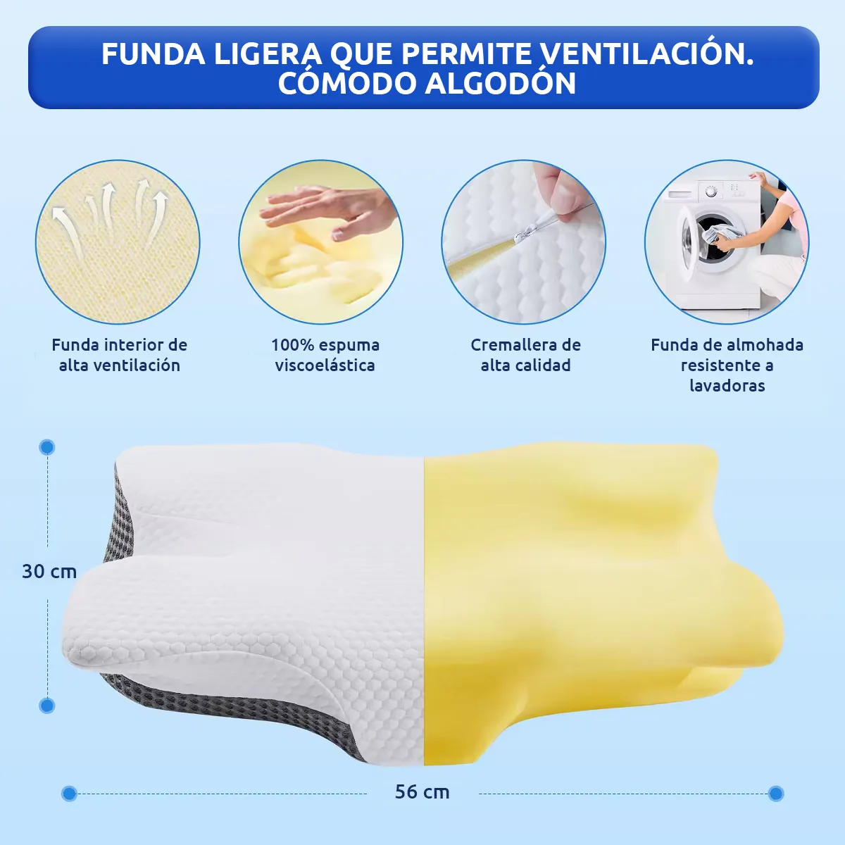 JPSYSTEMS - Almohada Ortopedica con espuma viscoelastica y funda tela lavable 3D P-094 gris