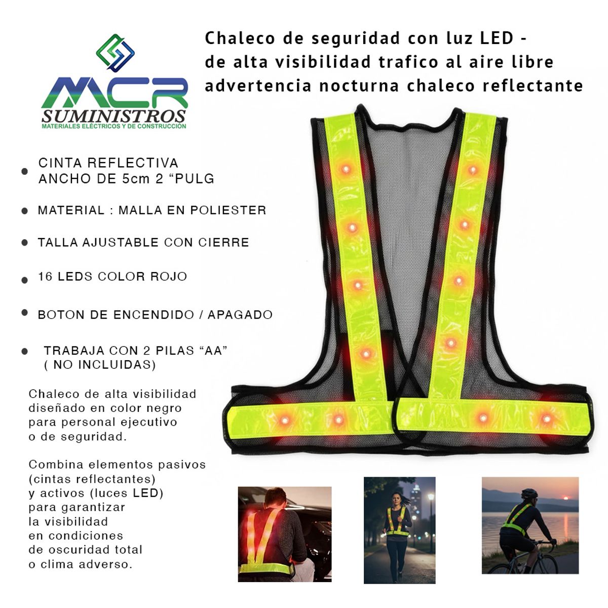 GENERICO - CHALECO DE SEGURIDAD CON LED INTEGRADO Y CINTAS REFLECTIVA FLUORESCENTE