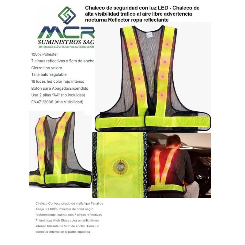 GENERICO - CHALECO DE SEGURIDAD CON LED INTEGRADO Y CINTAS REFLECTIVA FLUORESCENTE