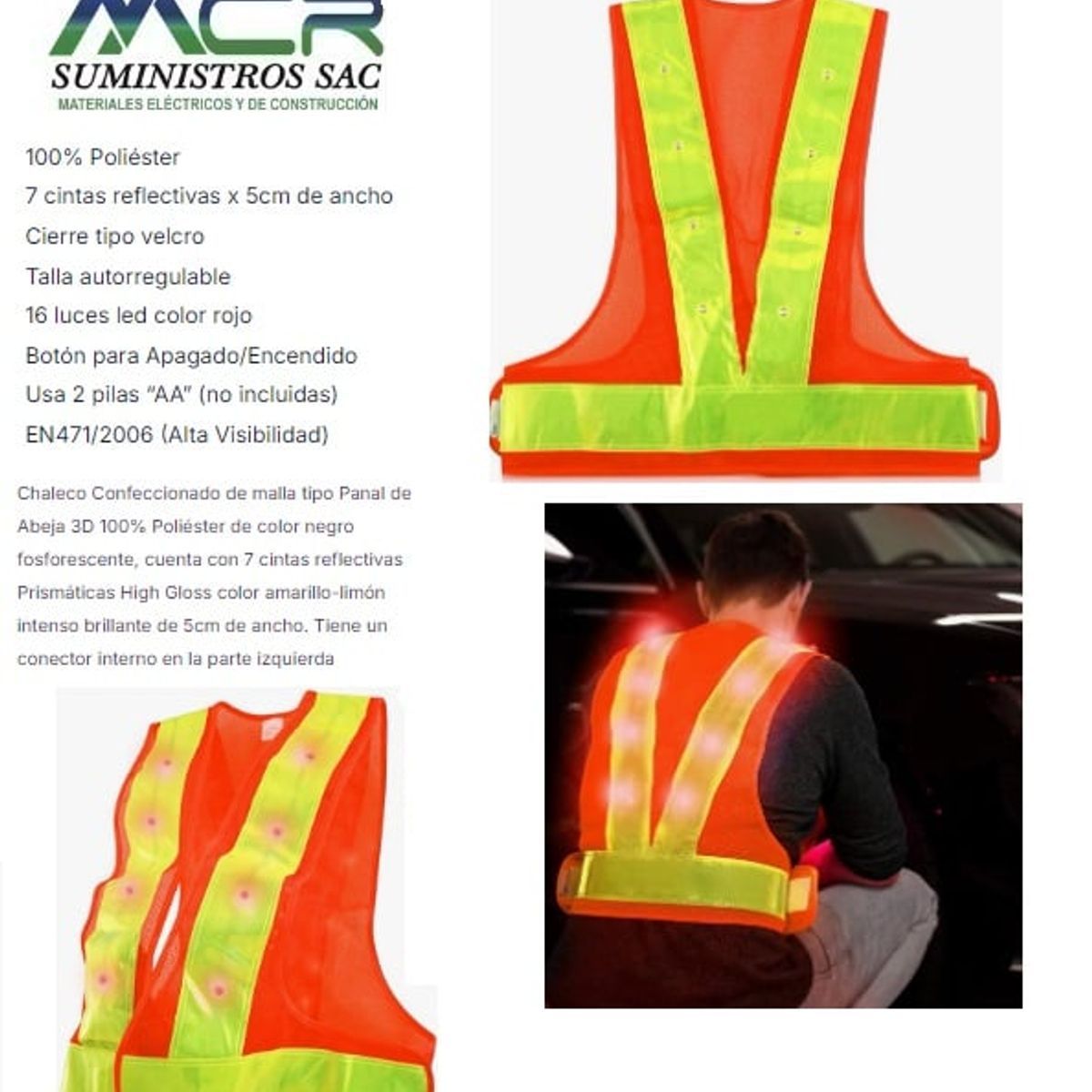 GENERICO - CHALECO DE SEGURIDAD CON LED INTEGRADO Y CINTAS REFLECTIVA FLUORESCENTE