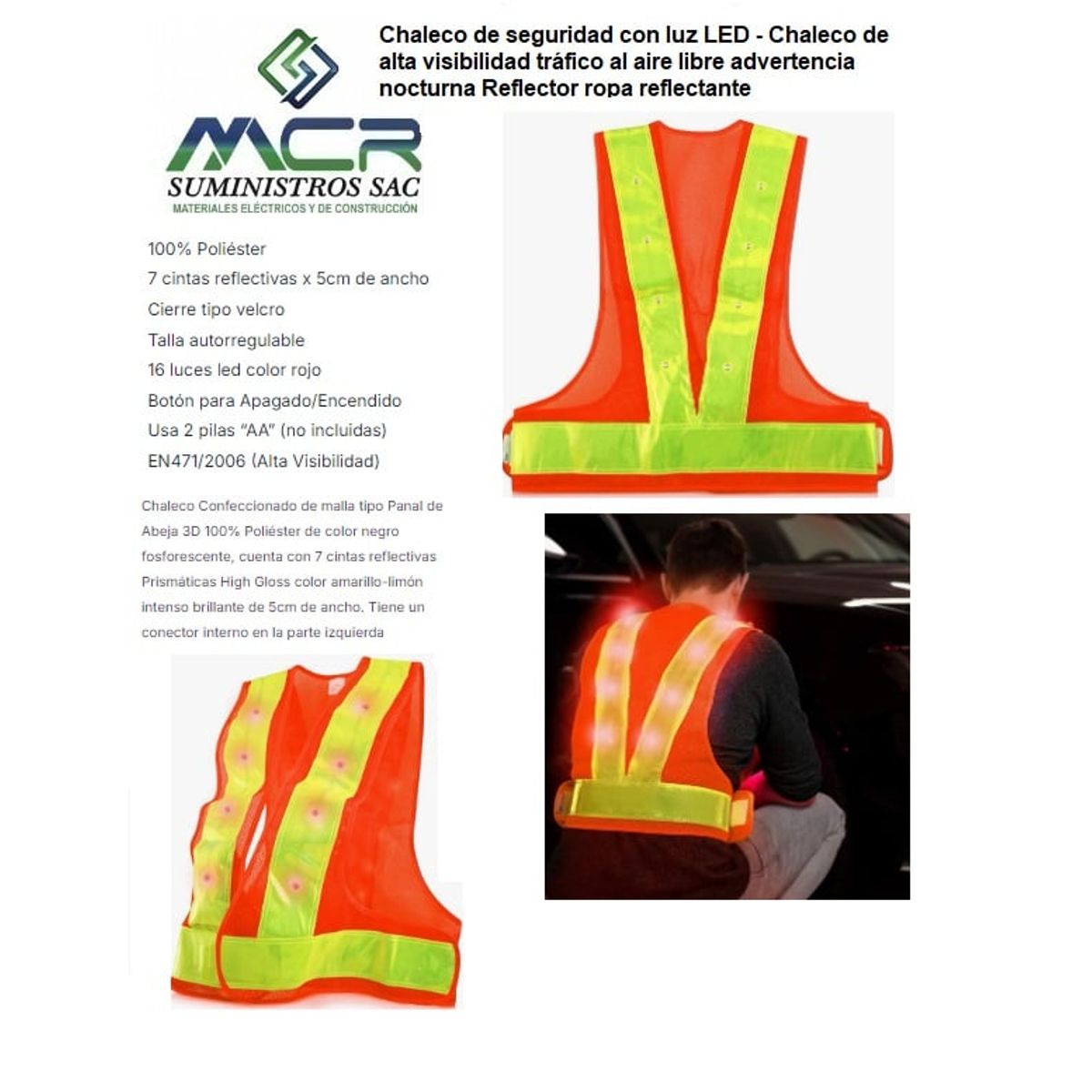 GENERICO - CHALECO DE SEGURIDAD CON LED INTEGRADO Y CINTAS REFLECTIVA FLUORESCENTE