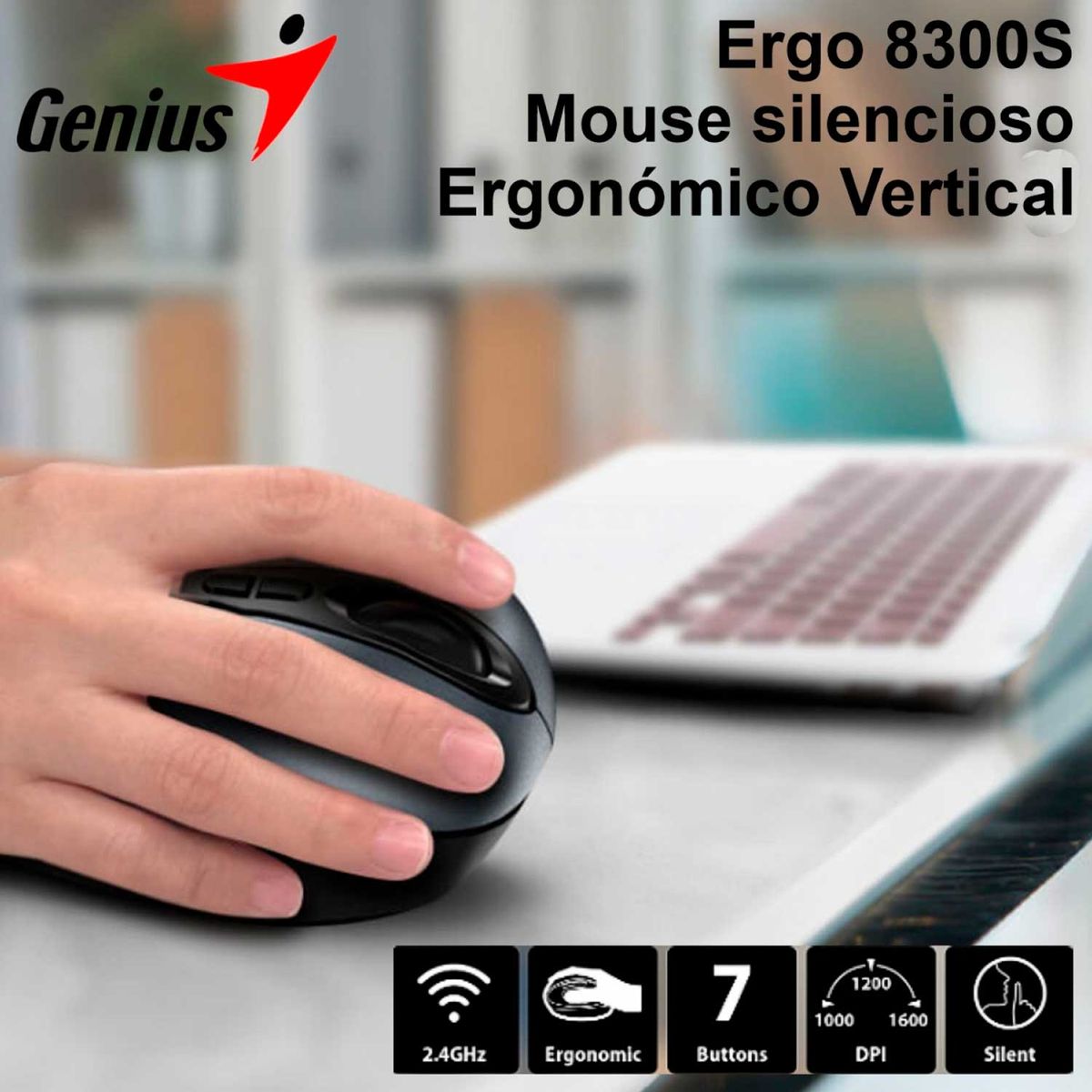 GENIUS - Mouse Genius Ergo 8300S Wireless Vertical 7 Bot Ergonomic Black