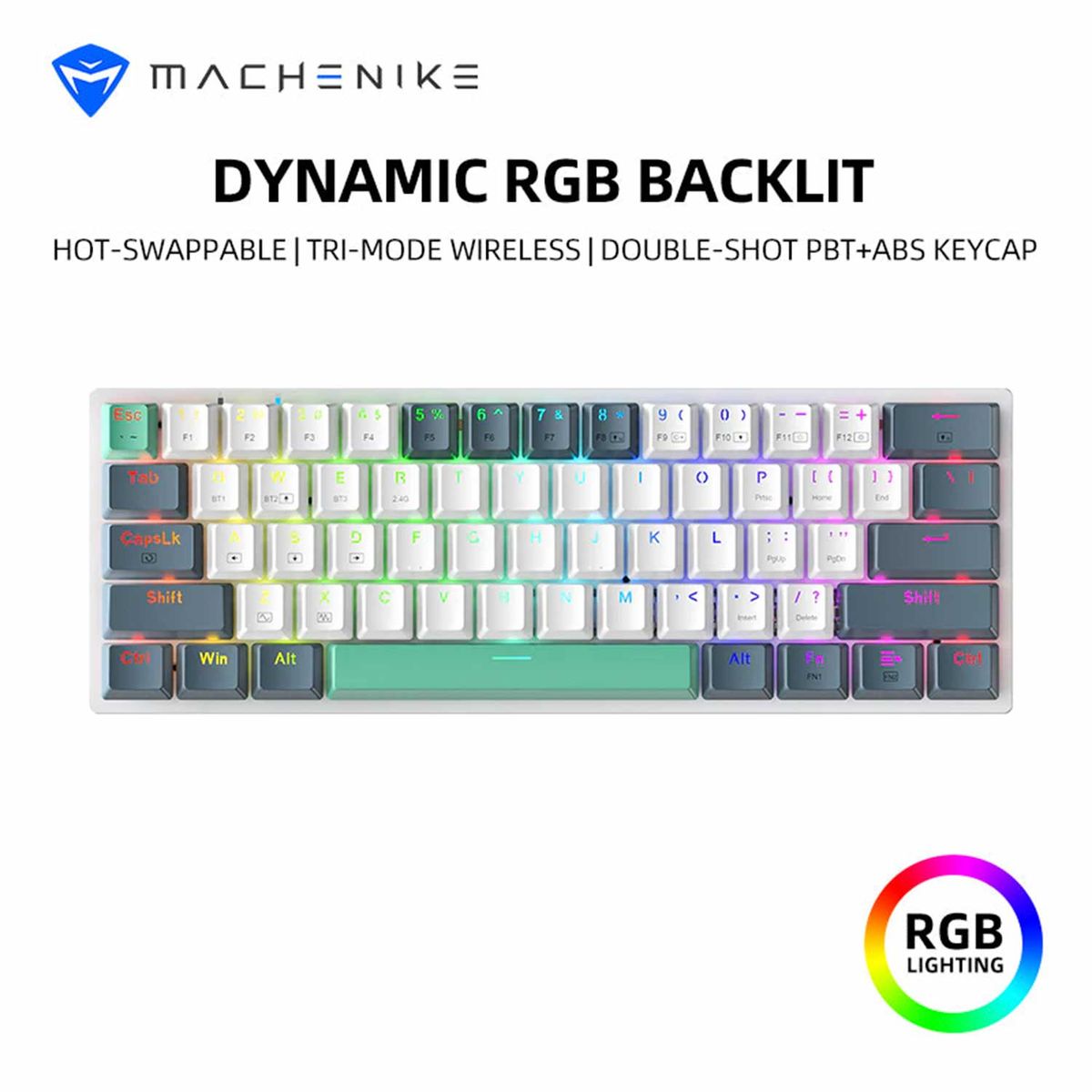 MACHENIKE - Teclado Gamer Machenike K500 Tri-Modo Rgb Sp-Es-Mx Switch Brown White