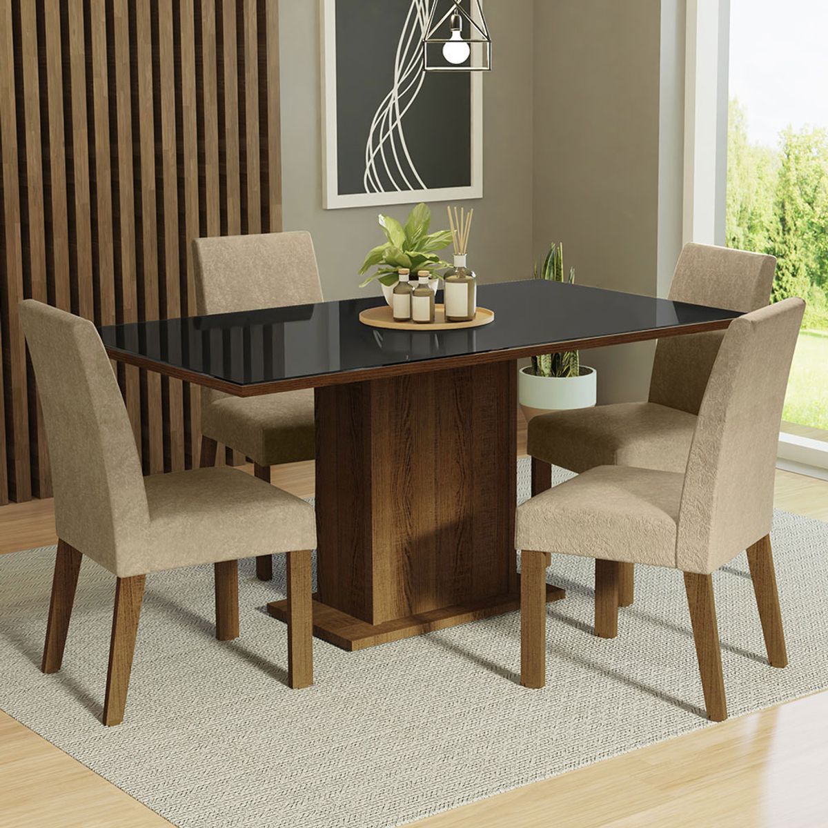 MADESA - Juego de Comedor Avril con 4 Sillas - Tablero de Madera y Cristal