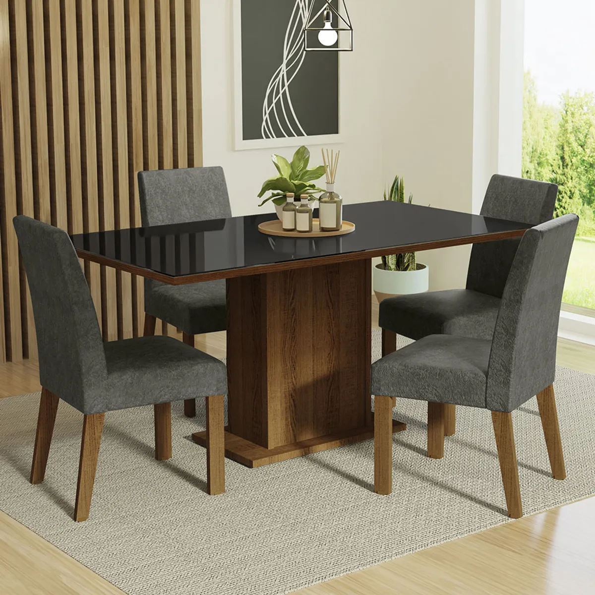 MADESA - Juego de Comedor Avril con 4 Sillas - Tablero de Madera y Cristal
