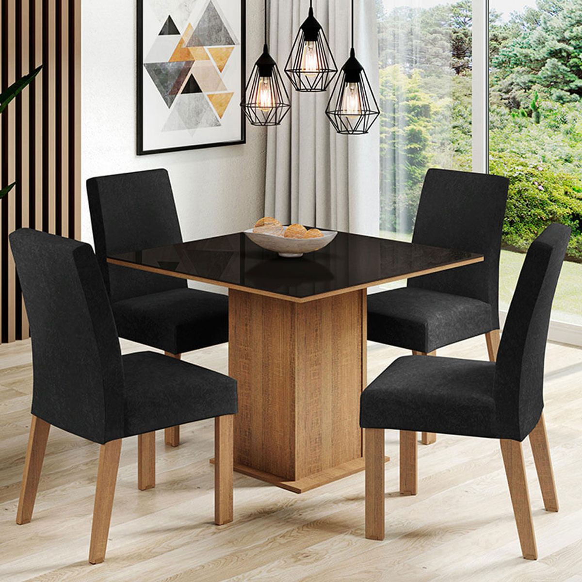 MADESA - Juego de Comedor Evelin 4 Sillas Oxford - Tablero de Madera y Cristal