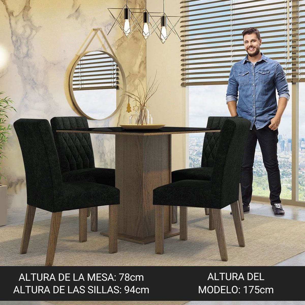 MADESA - Juego de Comedor Anaju 4 Sillas Oxford - Tablero de Madera y Cristal