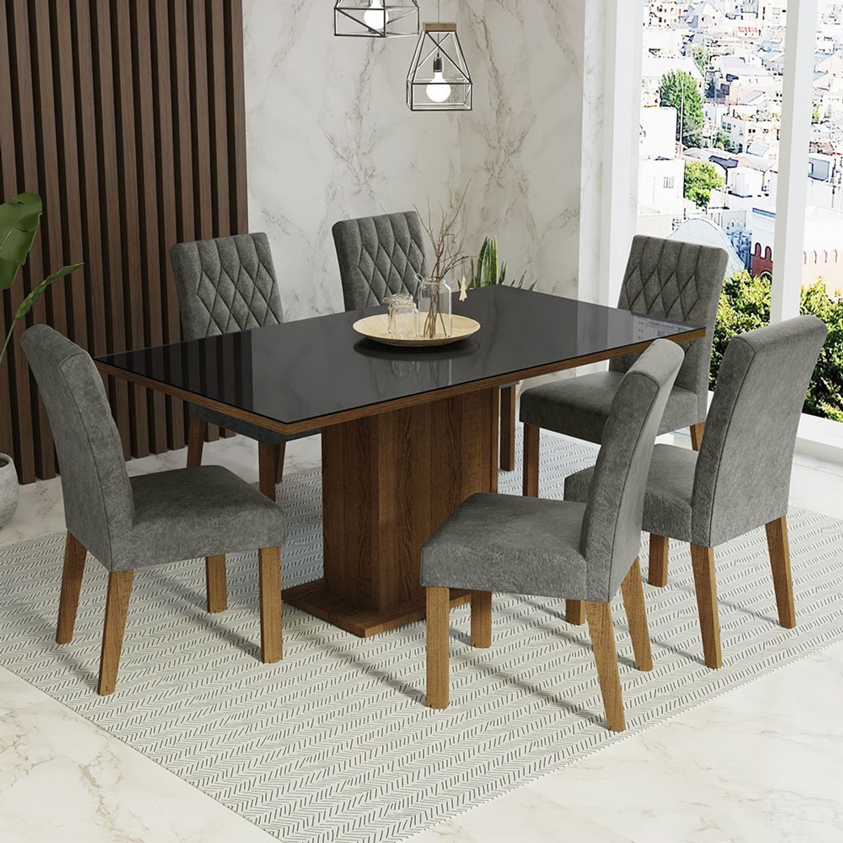 MADESA - Juego de Comedor Geórgia con 6 Sillas - Tablero de Madera y Cristal