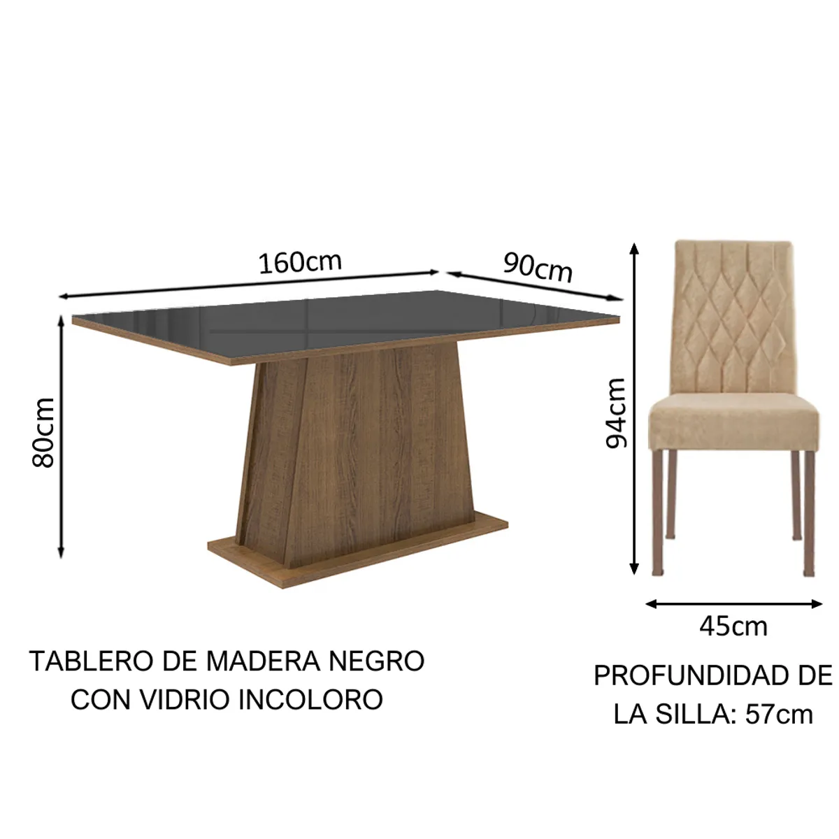 MADESA - Juego de Comedor Stéfani con 6 Sillas - Tablero de Madera y Cristal