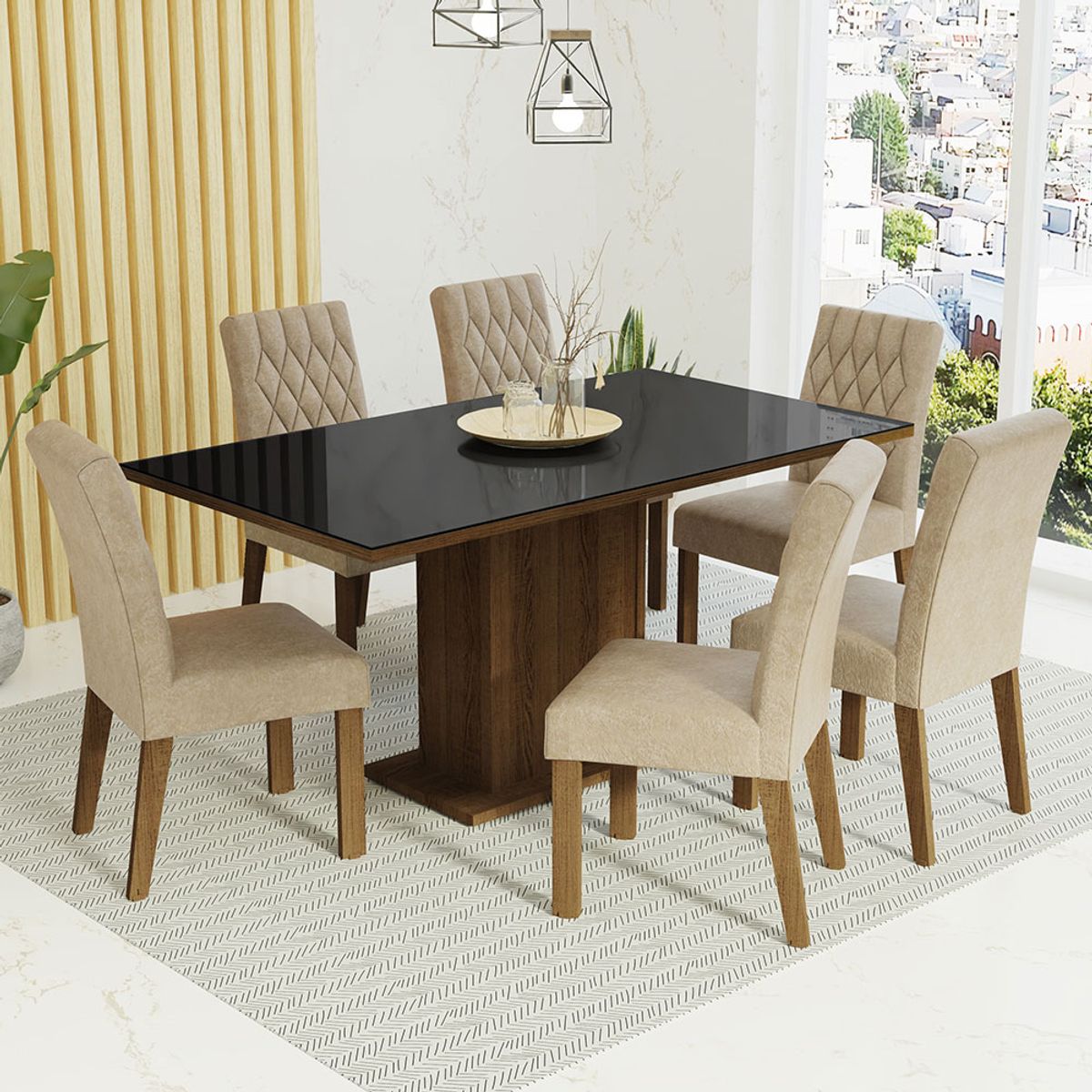 MADESA - Juego de Comedor Geórgia con 6 Sillas - Tablero de Madera y Cristal