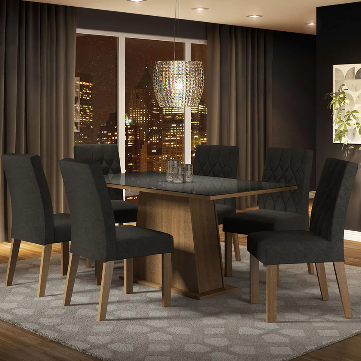 MADESA - Juego de Comedor Stéfani 6 Sillas - Tablero de Madera y Cristal