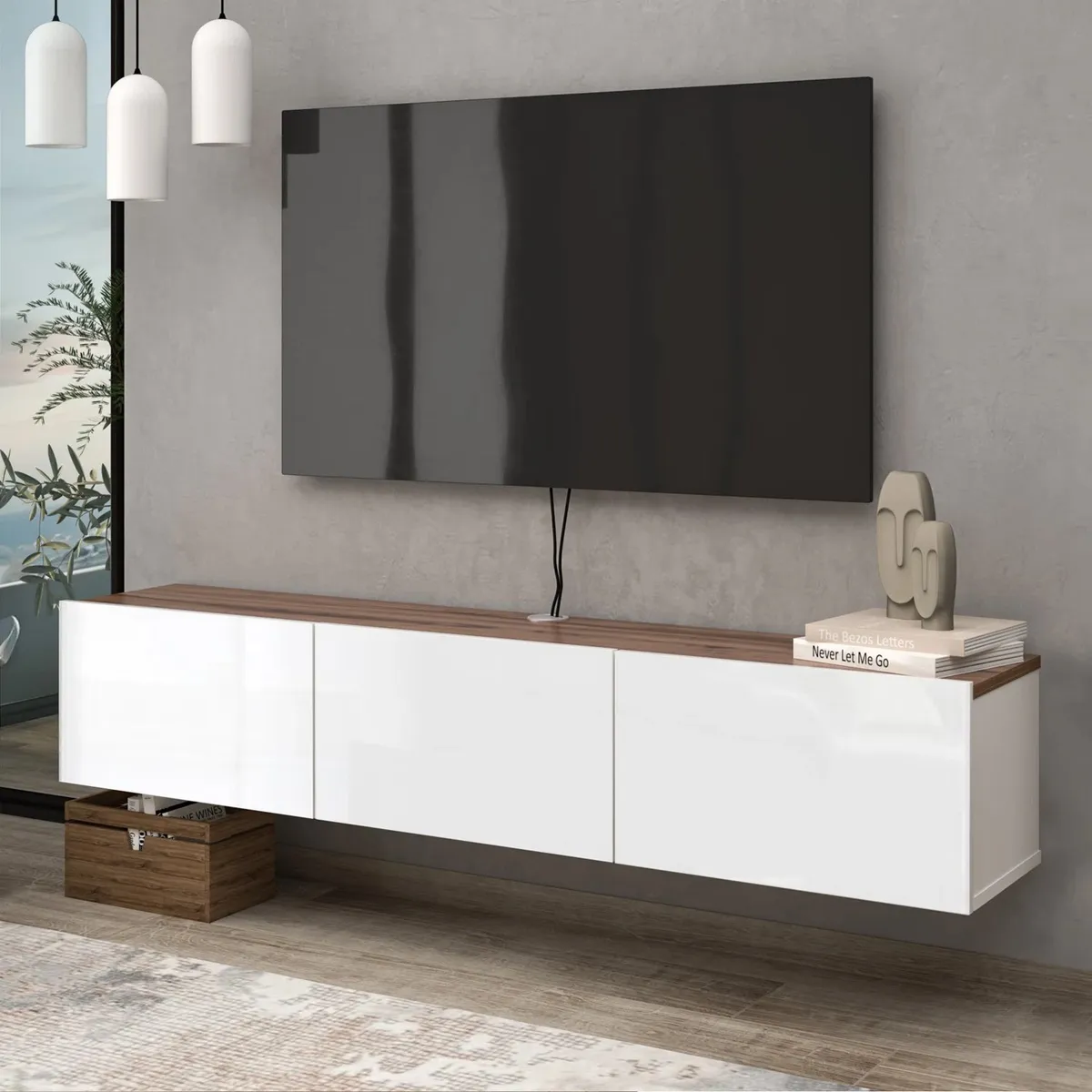 VENTITAS HOME - Mesa de TV Flotante 65” Lucile Ventitas Home Blanco Brillante y Gales