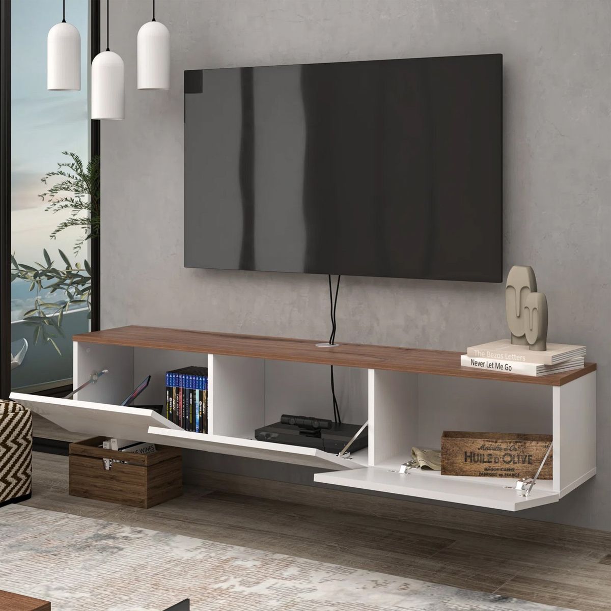VENTITAS HOME - Mesa de TV Flotante 65” Lucile Ventitas Home Blanco Brillante y Gales